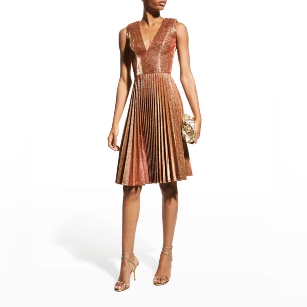 Metallic Copper V-Neck Pleated Midi Dress